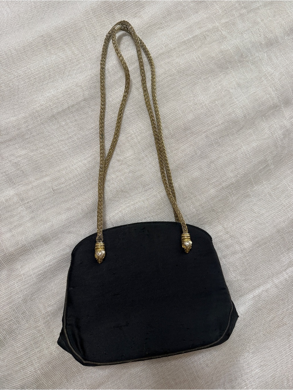 1960s Miss Lewis Ram & Lion Head Black Satin Evening Bag